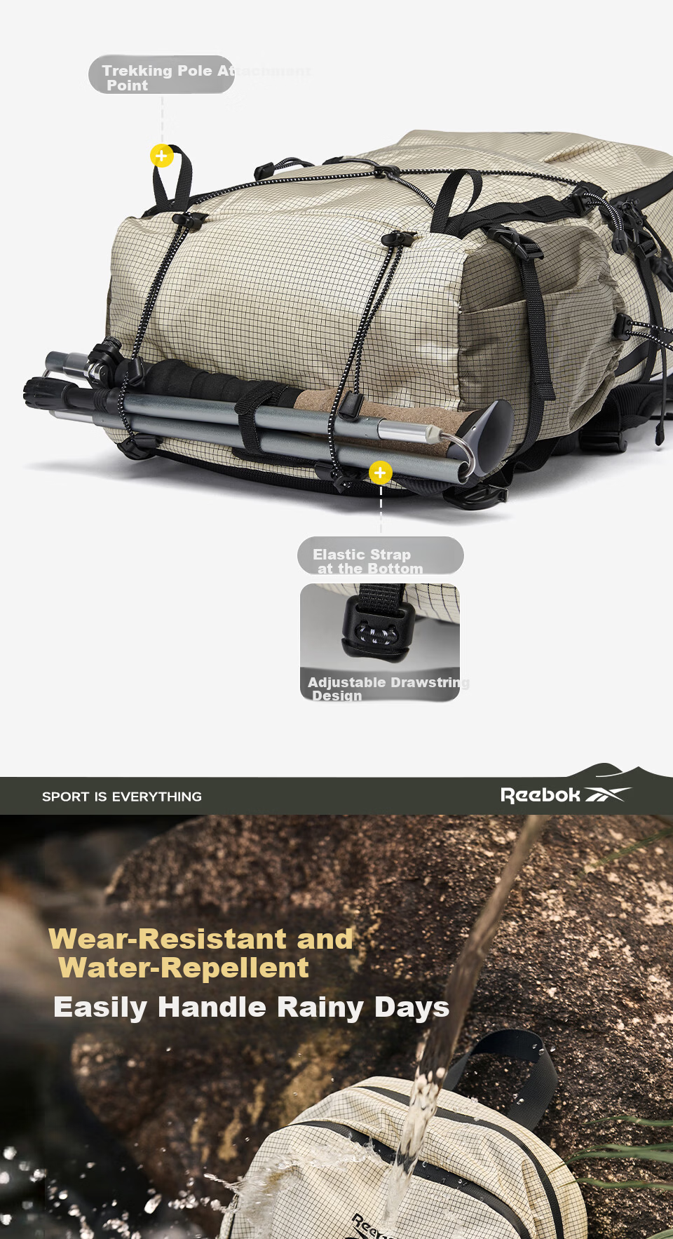 Reebok Lightweight Sports Hiking Backpack Men 2026 New Large Capacity Outdoor Double Shoulder Bag Women Khaki 9