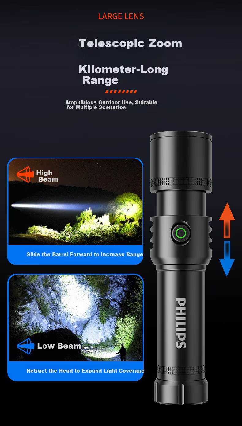 PHILIPS Portable Rechargeable High-Brightness Flashlight Long Battery Life 200000 Outdoor Home Use Compact Lumens Bike Light 2508 4