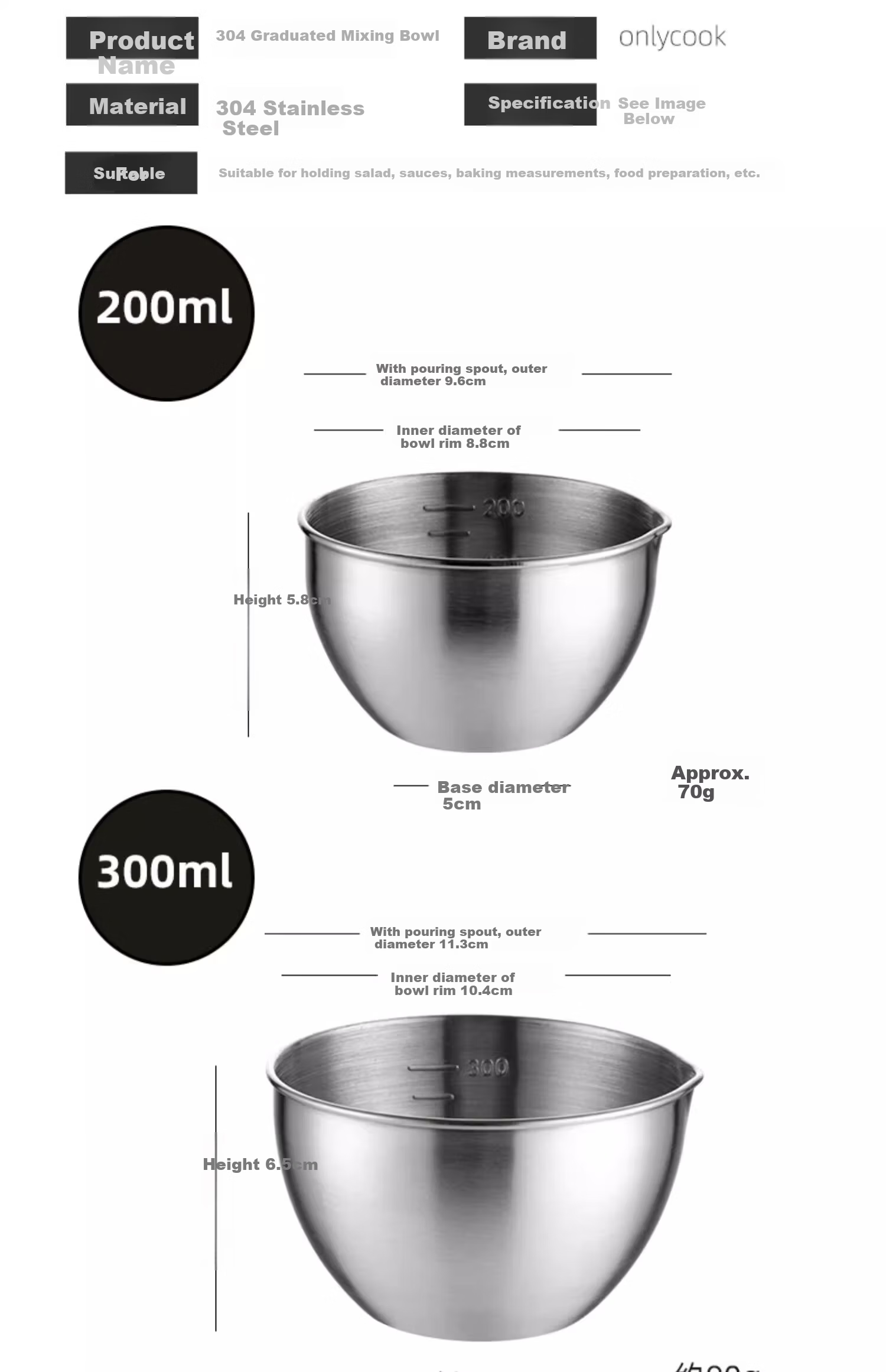 Onlycook 304 Stainless Steel Bowl Food Grade Egg Beating Bowl with Measurement Baking Salad Mixing Bowl Large Bowl - 400ml 5