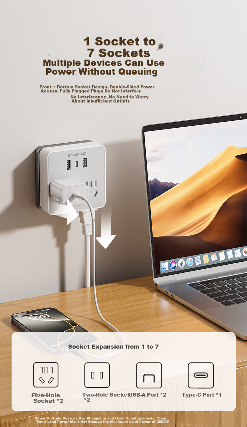 BLAUPUNKT Socket Extender, 86 Panel Multi-Outlet Adapter, One-To Converter, Multifunctional Plug-In Wireless Power Strip with USB+Type-C 7