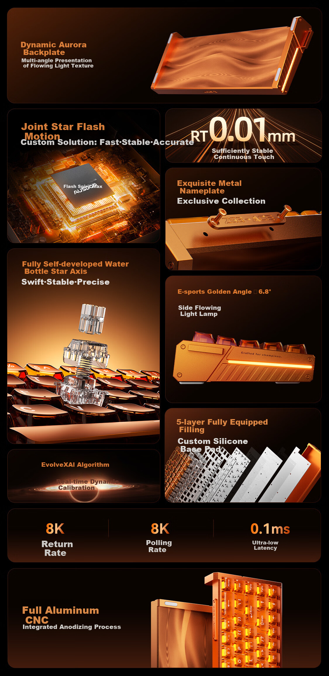 AUSDOM Z68 Full Aluminum Magnetic Shaft Keyboard RT Esports Gaming Mechanical Keyboard Customizable Wired Hot-Swappable Aluminum FPS Valorant 68-Key Star Flash Orange 2