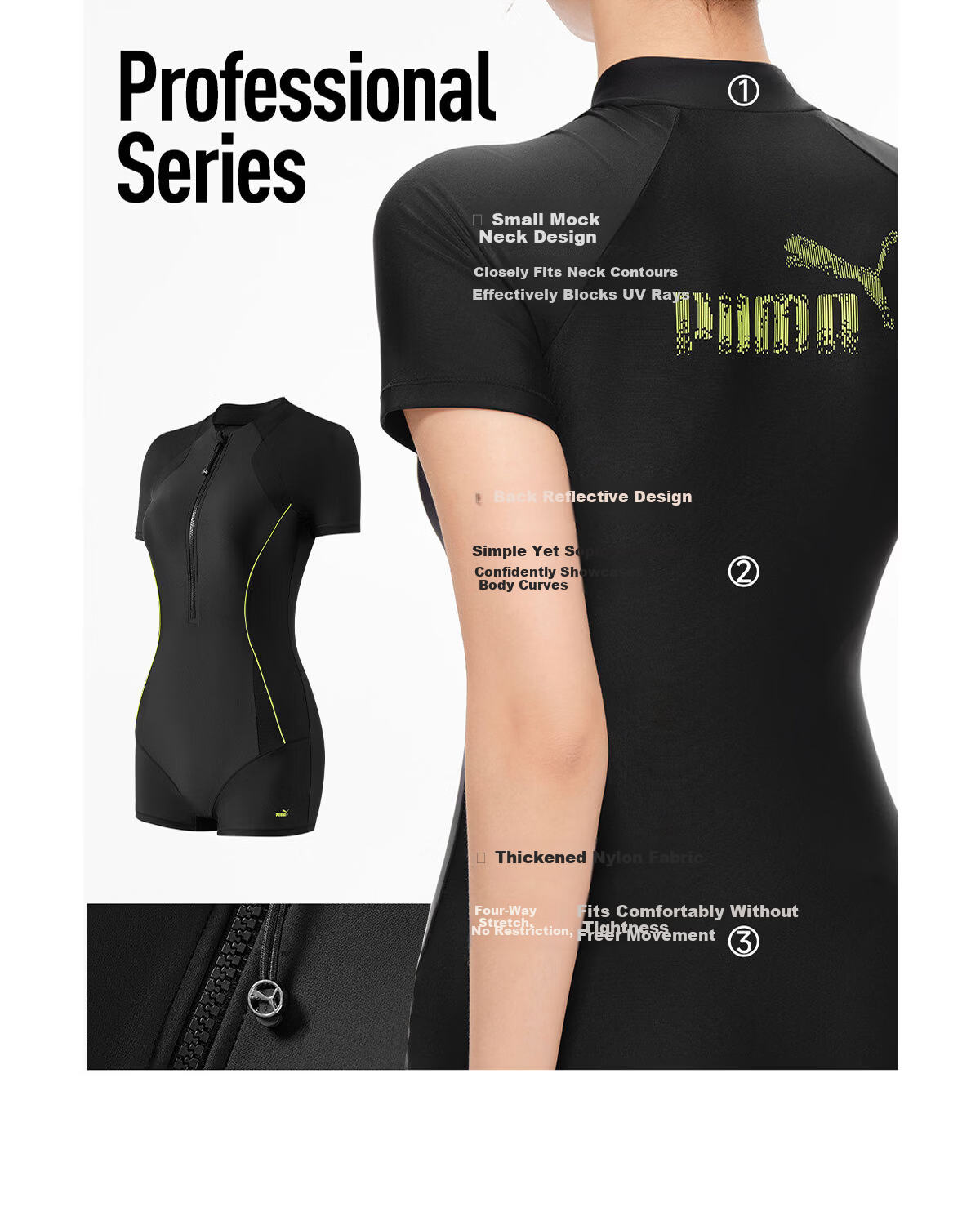 PUMA Women's Swim Trunks 2026 New Short-Sleeve One-Piece Swimsuit for Swimming Pool and Hot Spring Sportswear 3