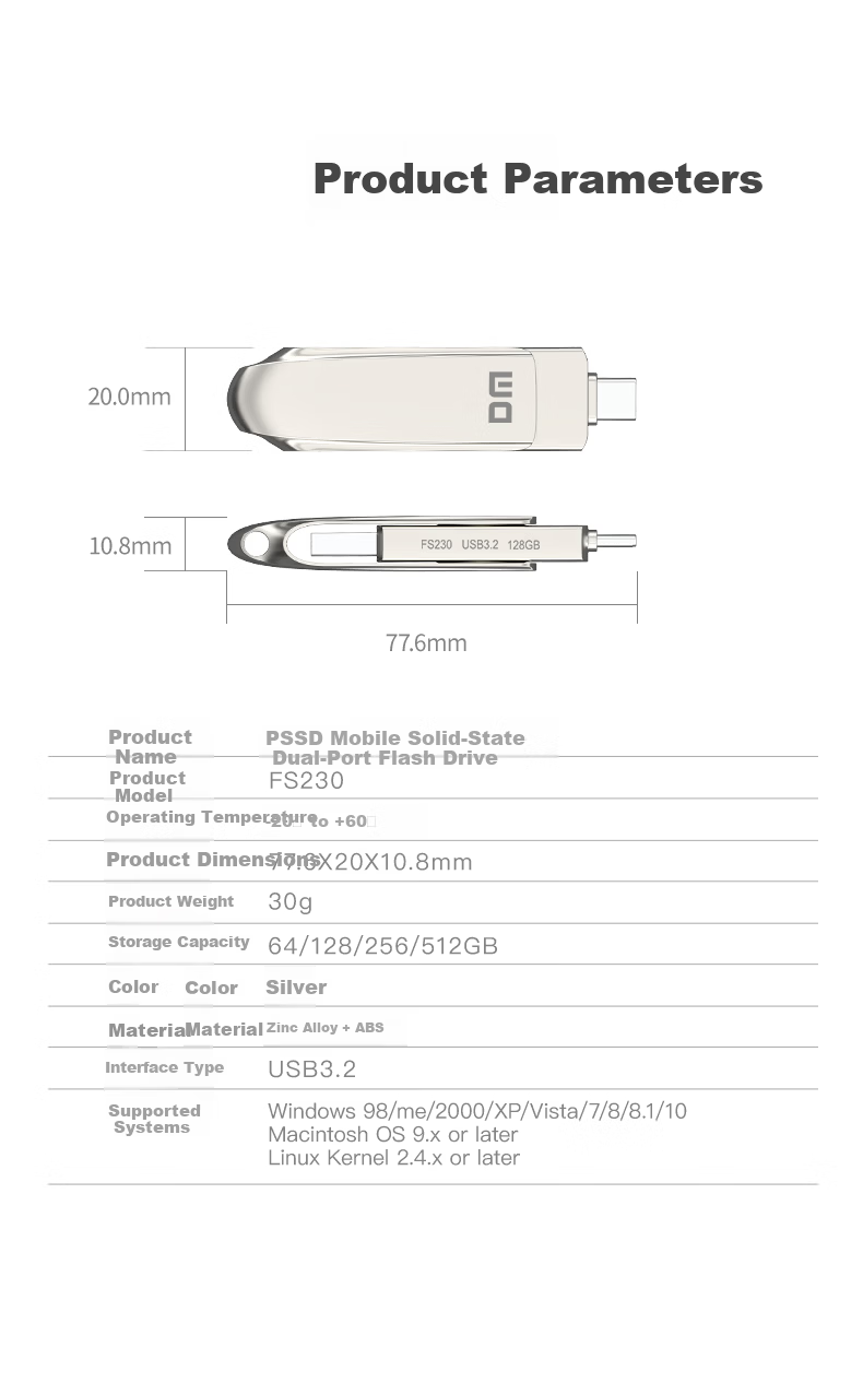 DM Damai 256GB USB 3.2 High-Speed Solid State Flash Drive FS520 Metal Car Computer USB Drive 520MB/s Read Speed 4