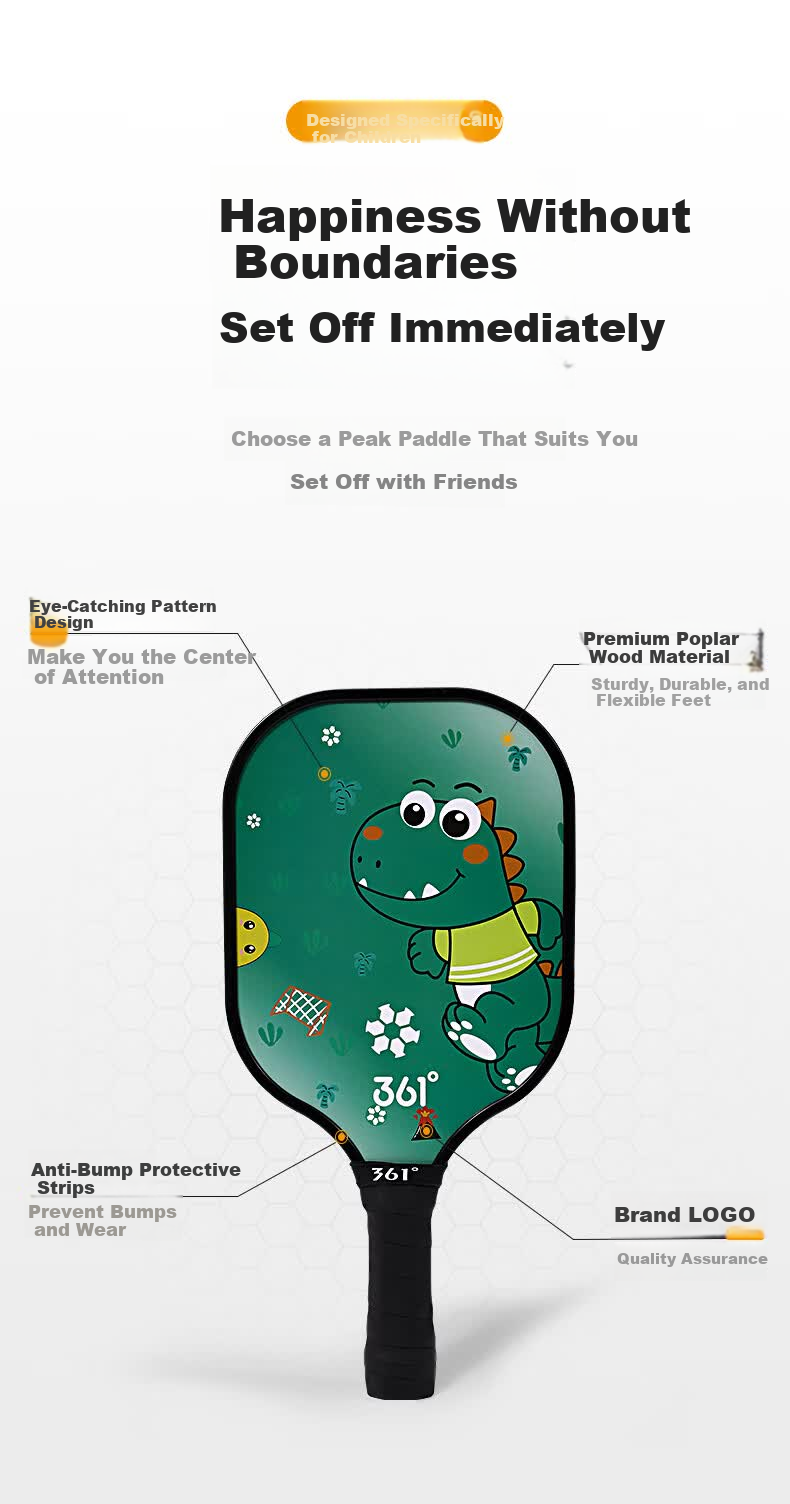 361° Pickleball Paddle Children's Student Cartoon Wooden Teacher Recommended Competition Pickleball Sports Training Green+Khaki 3