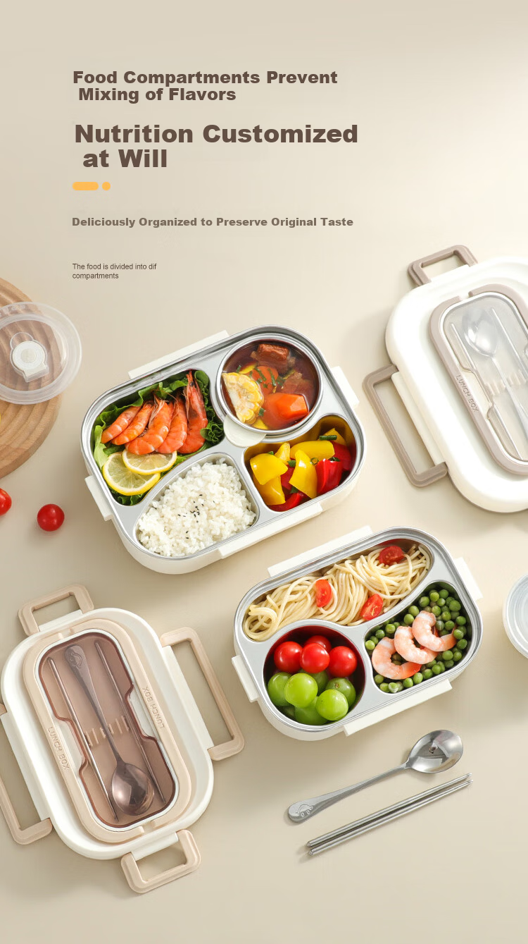 Wuxinzhi Zao 304 Stainless Steel High School Student Lunch Box, Office Worker Bento Meal Container, Microwave-Safe Plate, Light Coffee Color, 1000ml 3