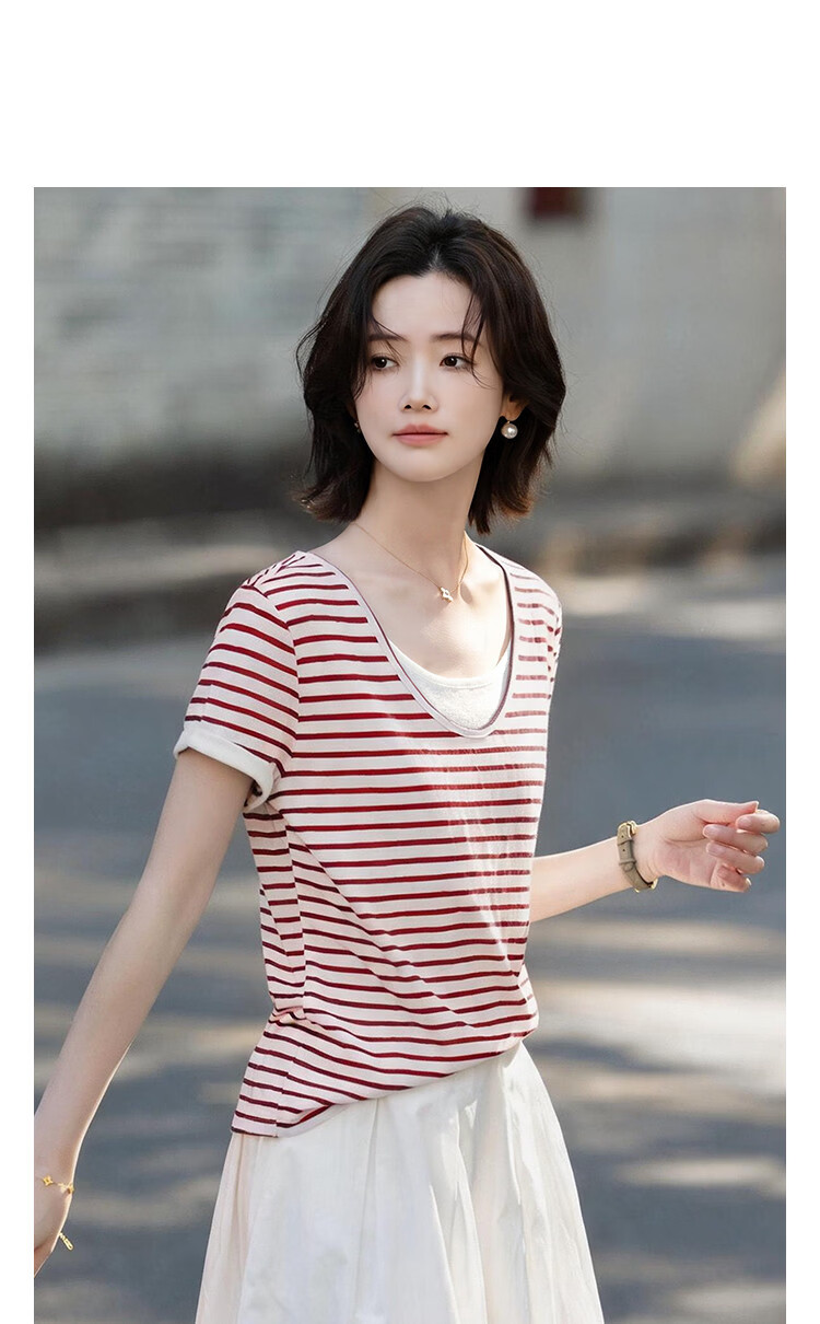 Demana [Refreshing Lyocell] Summer High Elastic Retro Two-in-One Color-Block Striped Slimming Concealing T-Shirt for Women Premium Feel 14