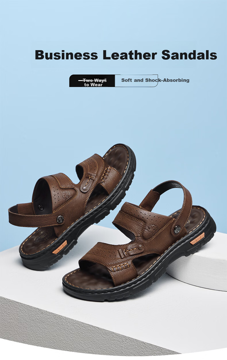 CAMEL Two-Way Breathable Cowhide Leather Dad Casual Business Sandals for Men, Outdoor Wear, G16M211022, Black, Size 39 1