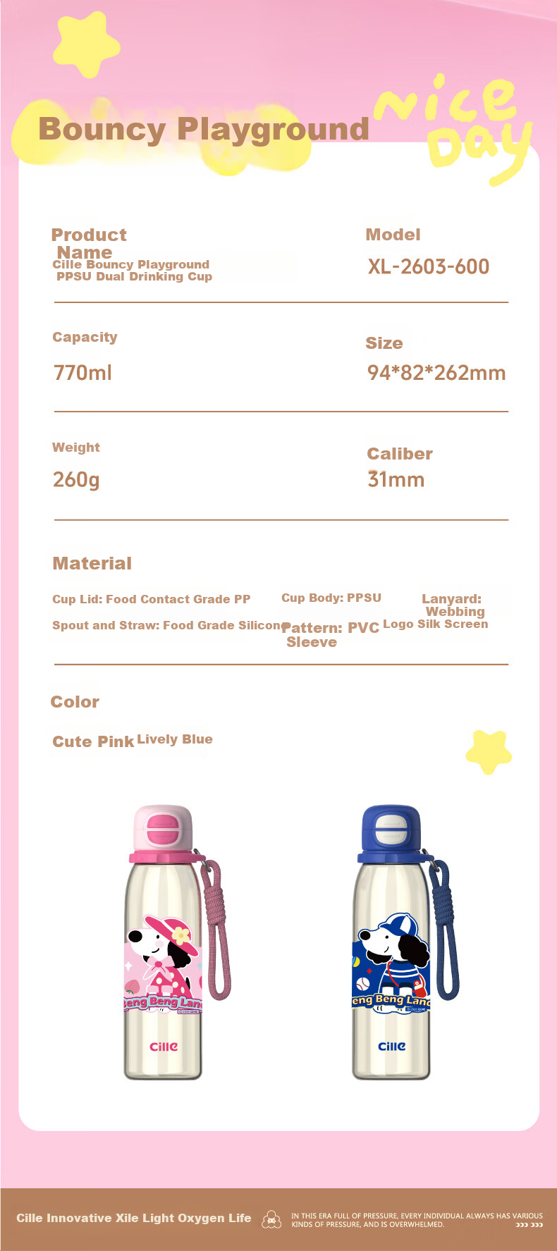 Cille Children's Water Bottle Portable Dual-Use PPSU Plastic Drinking Cup for Girls School Backpack Baby Durable High-Temperature Resistant 11