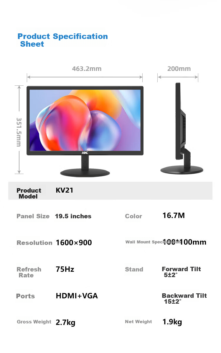 KVL 18.5 Inch Home Office Computer Monitor 75Hz HD VGA+HDMI Multi-Interface Display Wall-Mountable KV20 8
