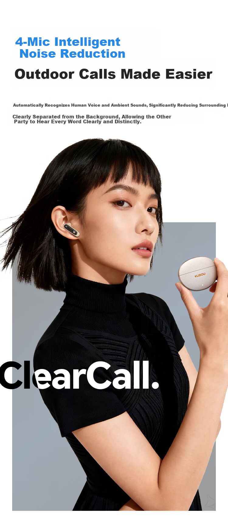 KUGOU M58 True Wireless In-Ear Bluetooth 6.0 Earphones with 4-Mic Call Noise Cancellation, Long Battery Life, Low Latency for Music, Gaming, Sports, Compatible with Huawei, Xiaomi, Oppo 6