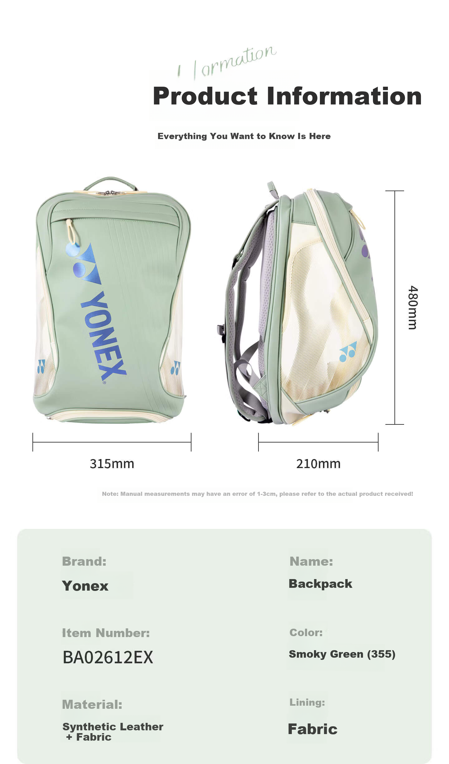 YONEX Badminton Backpack National Team Edition with Separate Shoe Compartment Large Capacity Double Shoulder Bag BA02612EX Smoky Green 2