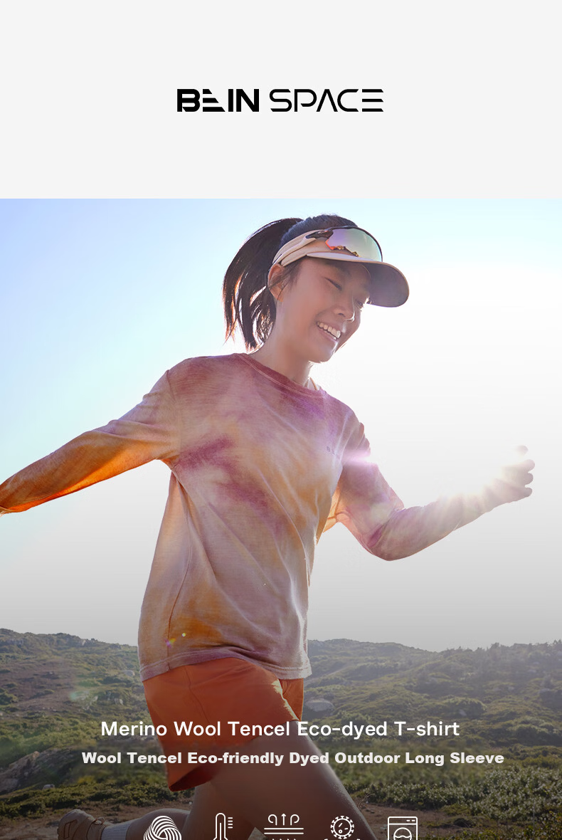 BEIN SPACE Spring New Merino Wool Handmade Tie-Dye Sports Outdoor Breathable Long Sleeve T-Shirt J026 Sunset Orange L 1