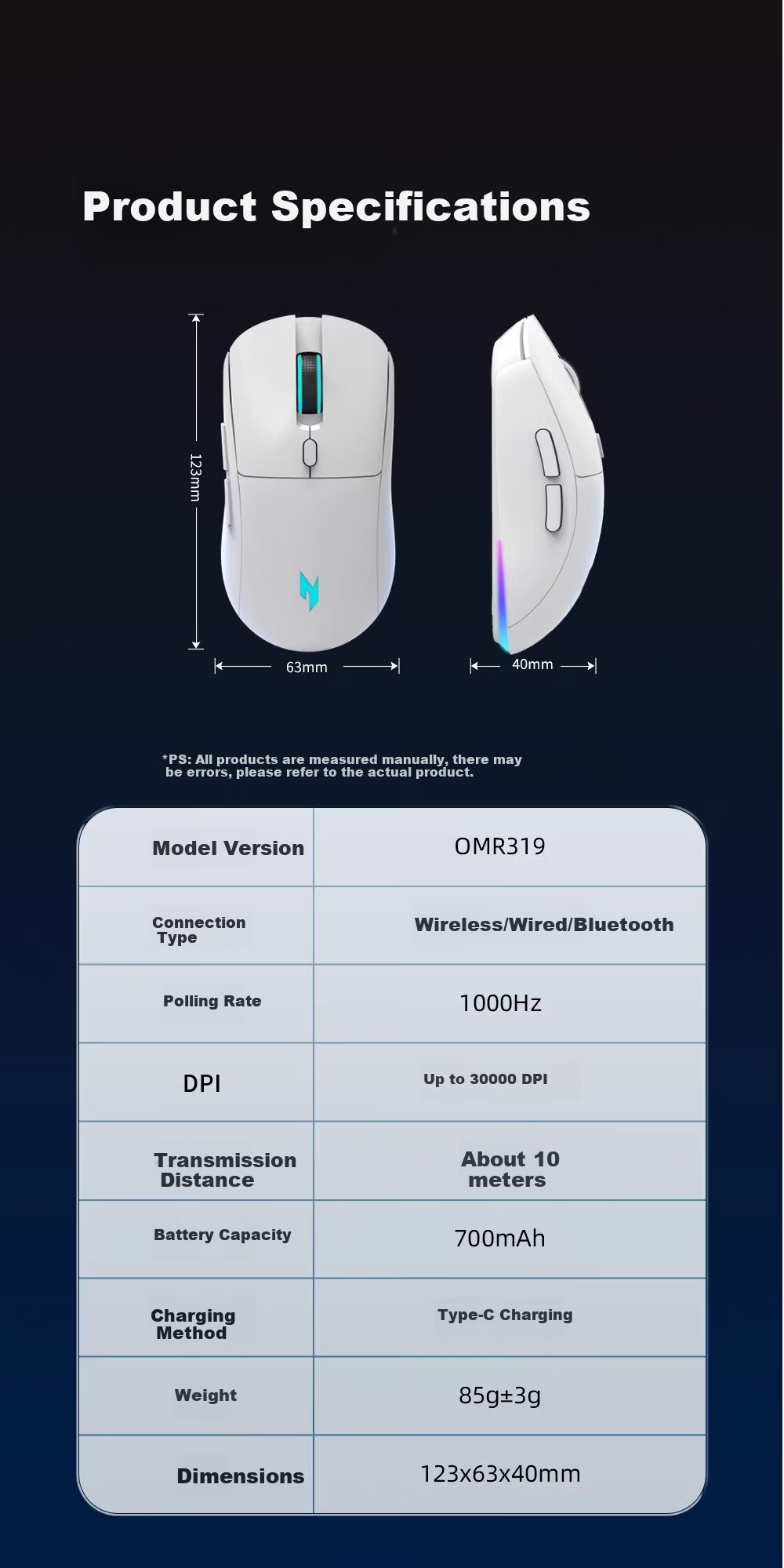 Acer Three-Mode Gaming Mouse RGB Lighting Silent Click Rechargeable Wireless Bluetooth Wired Ergonomic OMR319 Rose Red 9