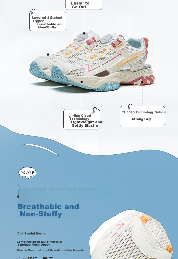 Li-Ning Youth Summer Sandals Qingxia V2 Shock Absorption Rebound Cool Dad Casual Shoes Frame Shoes YKUW014 Size 38 3