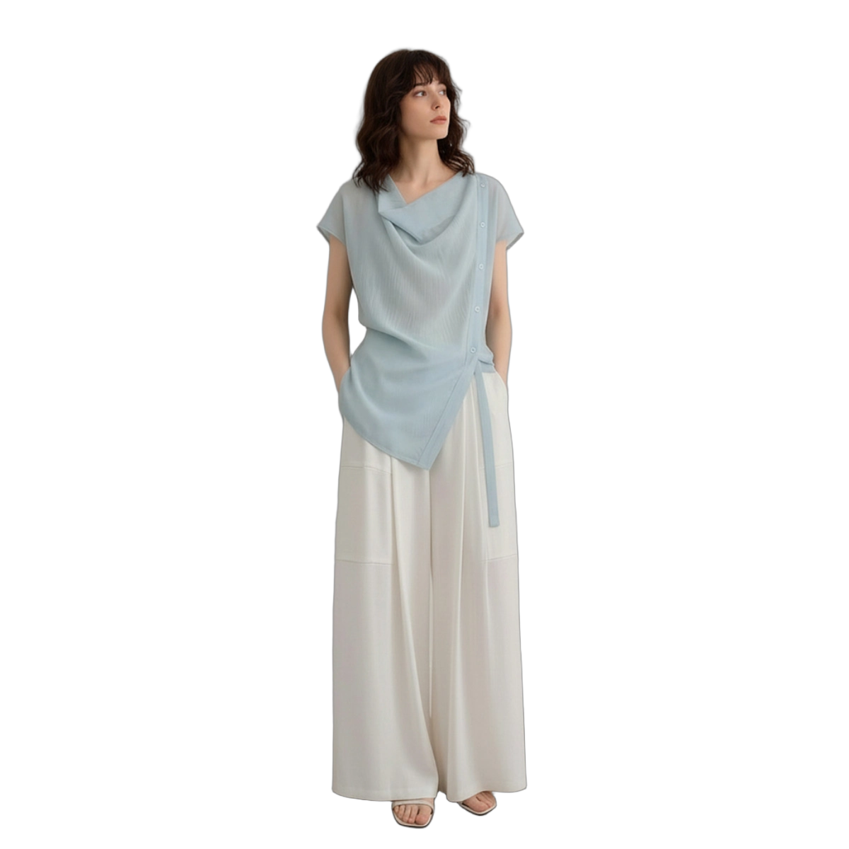 Demana [Translucent Aesthetics] Summer Draped Collar Adjustable Strap Shoulder Short Sleeve Lightweight Loose Slimming Women's Shirt