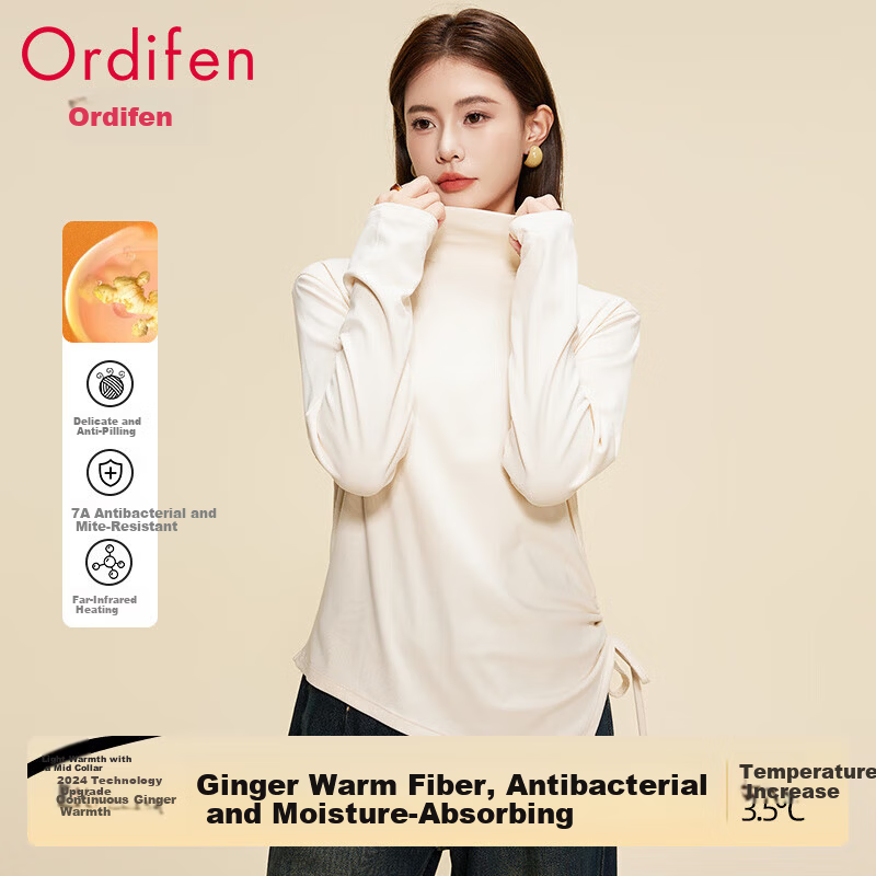 Ordifen Women's Long Sleeve Base Layer T-Shirt Autumn Winter Slim Fit High Elastic Antibacterial Anti-Pilling White XL