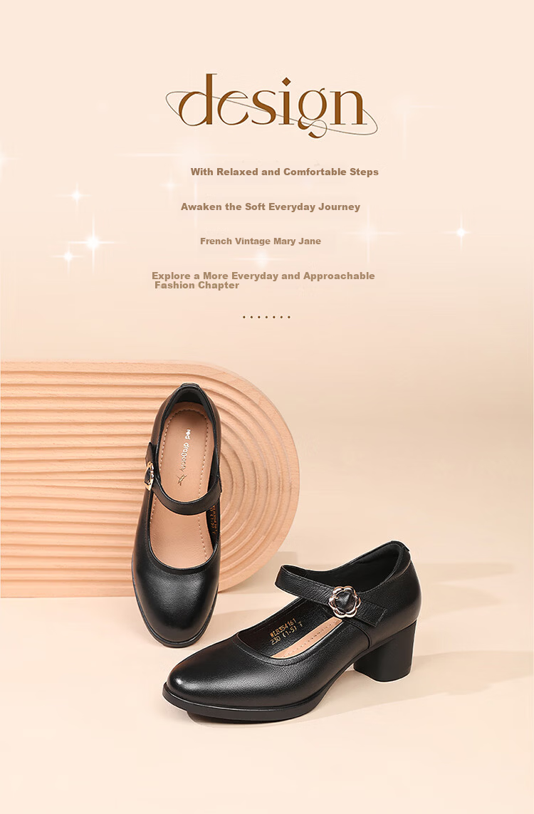 Red Dragonfly Mary Jane Women's Small Leather Shoes Shallow High Heels Casual Single Shoes Thick Sole Mom Shoes WLB354161 Black Size 36 1