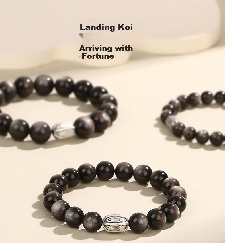 Chinese Jewelry Pure Silver Obsidian Lucky Koi Bracelet Men's High-End Black Obsidian Beaded Bracelet 520 Birthday Gift for Boyfriend and Girlfriend 1