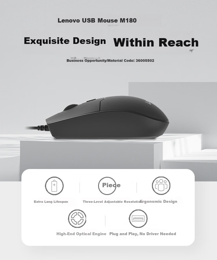 Lenovo Wired Ergonomic Mouse Business Office Compact Portable Desktop Laptop Multi-System Compatible M180 1