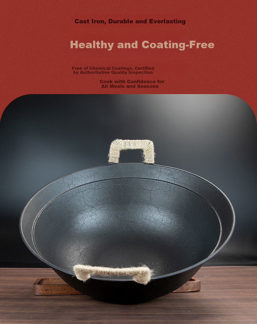 Jitie Hammer Cast Iron Wok Double-Handle Traditional Round Bottom Su Guo Wang Uncoated Turtle Pattern Large Belly Stir-Fry Pan Cast Iron Wok 34cm 5