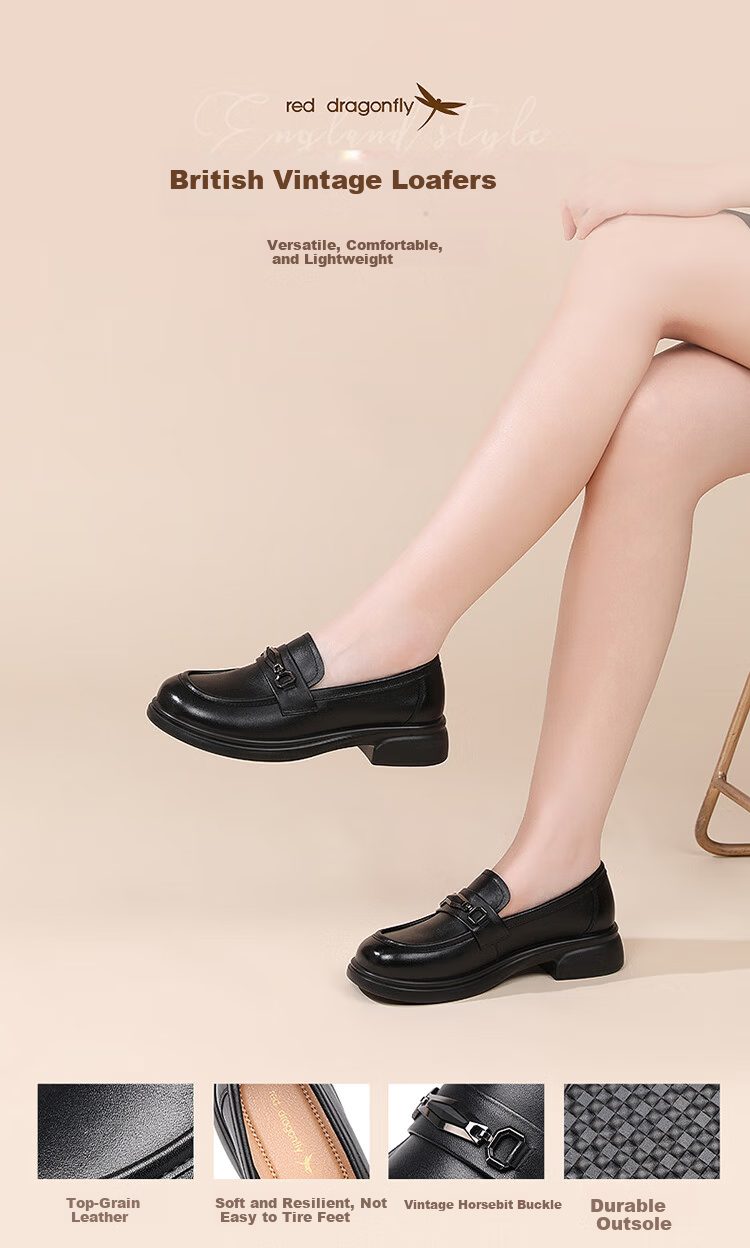 Red Dragonfly Women's Loafers Fashion Versatile Single Shoes Genuine Leather Breathable Comfortable Slip-On WTB351991 Black Size 39 1