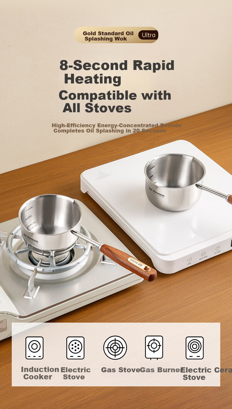 Suncha 304 Stainless Steel Oil Pouring Small Pot with Wooden Handle, No Coating, Heat-Resistant, 300ml 11