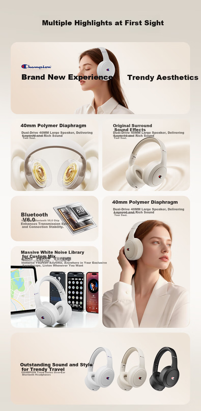 Champion Wireless Bluetooth Earbuds for Computer and Mobile, Noise-Cancelling Gaming Headset, Long Battery Life, Trendy Series CH22 Beige 4
