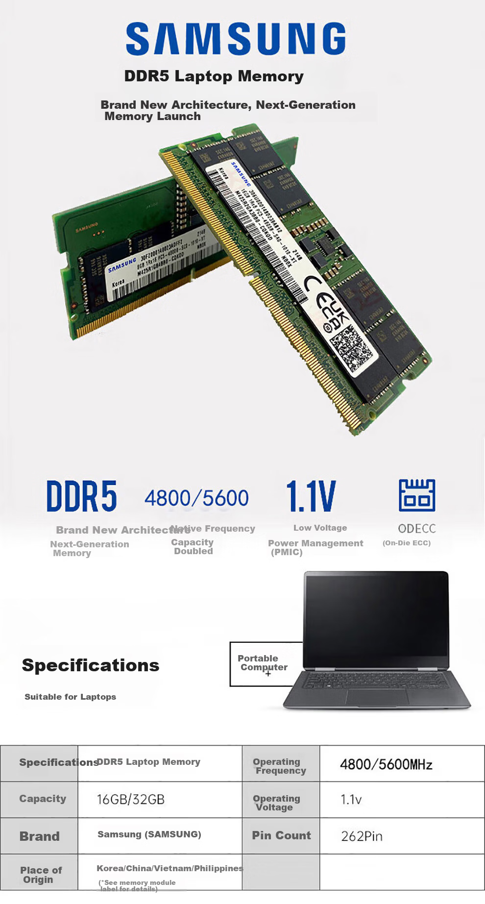 SAMSUNG Laptop Memory 16GB DDR5 5600MHz M425R2GA3BB0-CWM 1