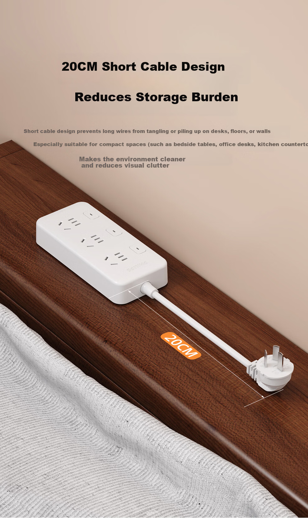 PHILIPS 3-Outlet Independent Switch Short Extension Power Strip 0.2m Kitchen Socket Multi-Outlet Power Board 7