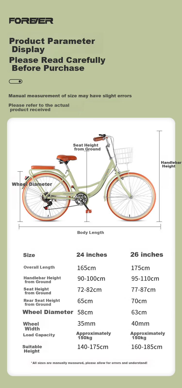 FOREVER City Bicycle Single Speed 24-inch Unisex Adult Youth Student Urban Casual Bike Pearl White 9