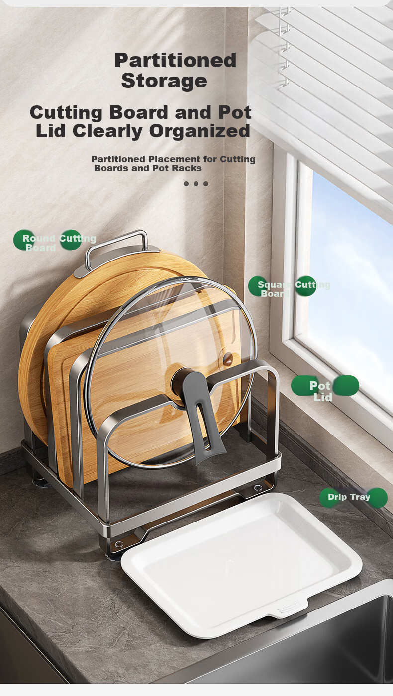 Century Zhenghe Kitchen Multifunctional Storage Rack Pot Lid Holder No-Drill Countertop Cutting Board Draining Organizer Rack 5