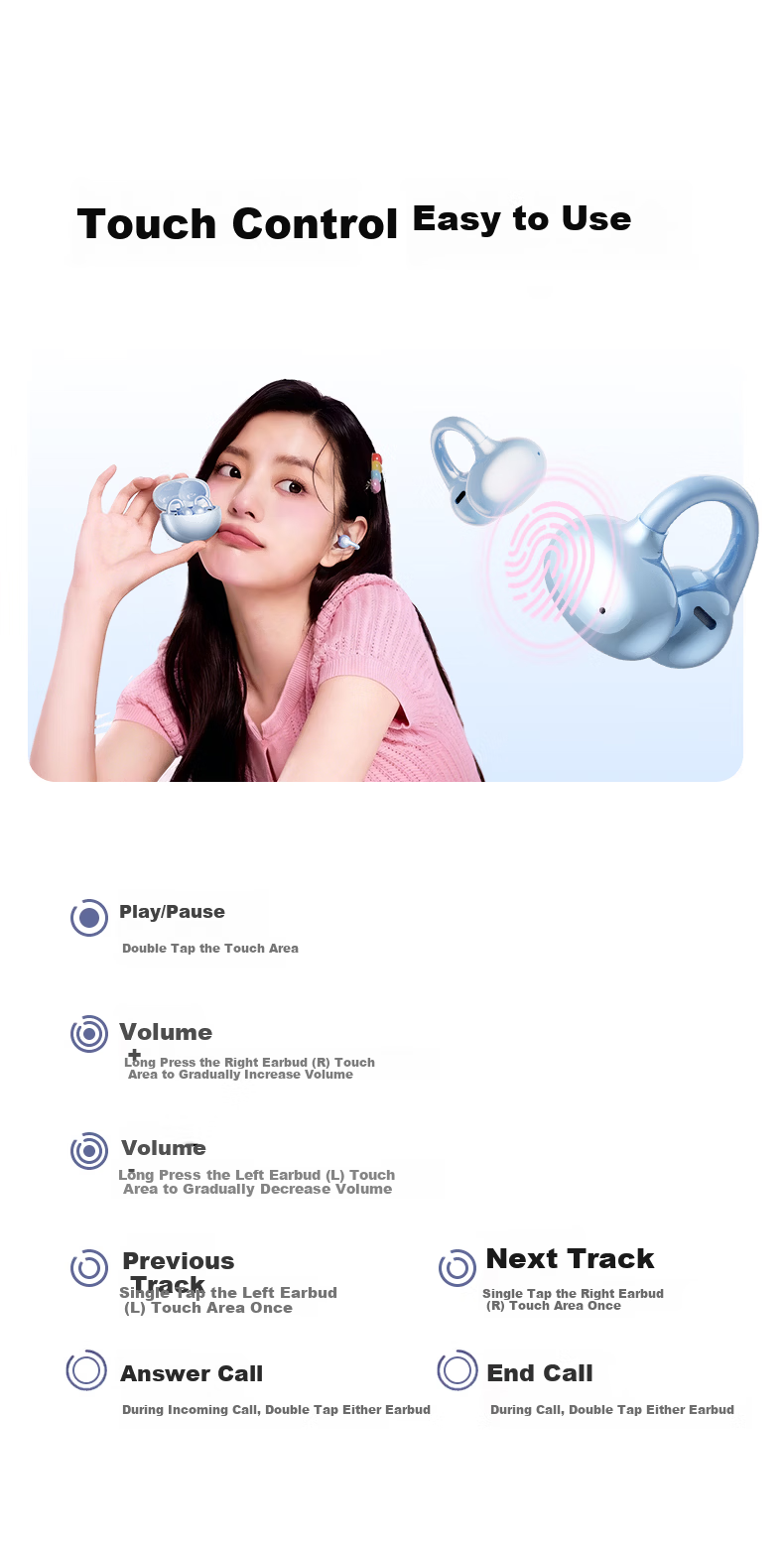 Tangmai Q5 Open-Ear Clip-On Bluetooth Bone Conduction Wireless AI Translation Sports Running Sweatproof Gaming Low Latency Long Battery Life Noise Cancelling Valentine's Day New Year Gift Blue 32