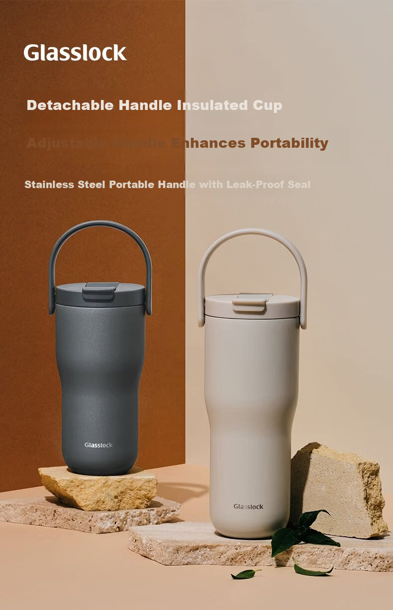 GLASSLOCK Large Capacity Insulated Tumbler with Detachable Handle and Straw, Minimalist Travel Thermos Cup 650ml 1