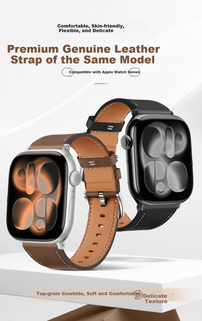 BHO Genuine Leather Apple Watch Band for Series 11/10/9/8/7/6/5/Ultra 2/1/SE3 First Layer Cowhide Strap 1