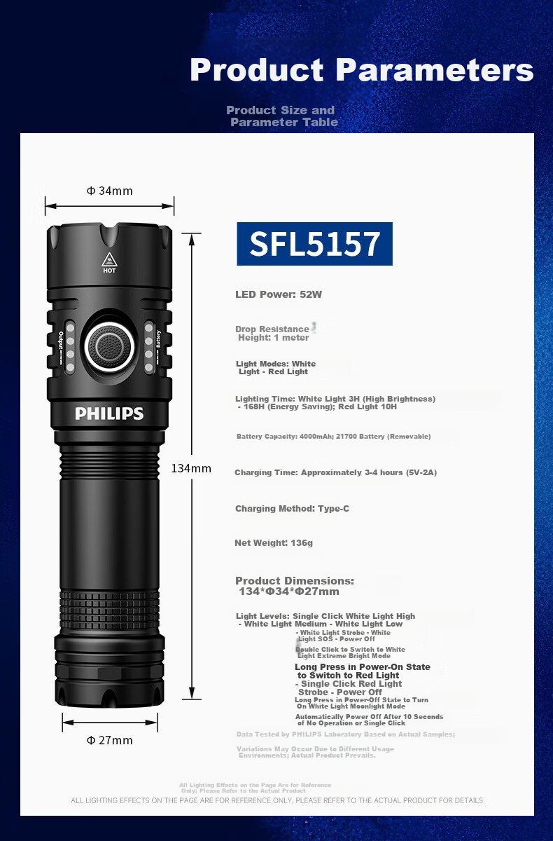 PHILIPS High-Power Flashlight Long Battery Life Outdoor Survival Ultra-Bright Military Long-Range Portable 200000 Lumens 12