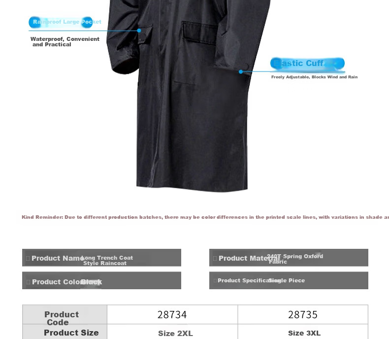 Ansell Long Trench Coat Style Raincoat Adult Long Raincoat Anti-Heavy Rain Flood Reflective Hooded Outdoor Security Duty Construction Labor Rain Poncho Black [3XL Fits 140-170 lbs] 28735 4