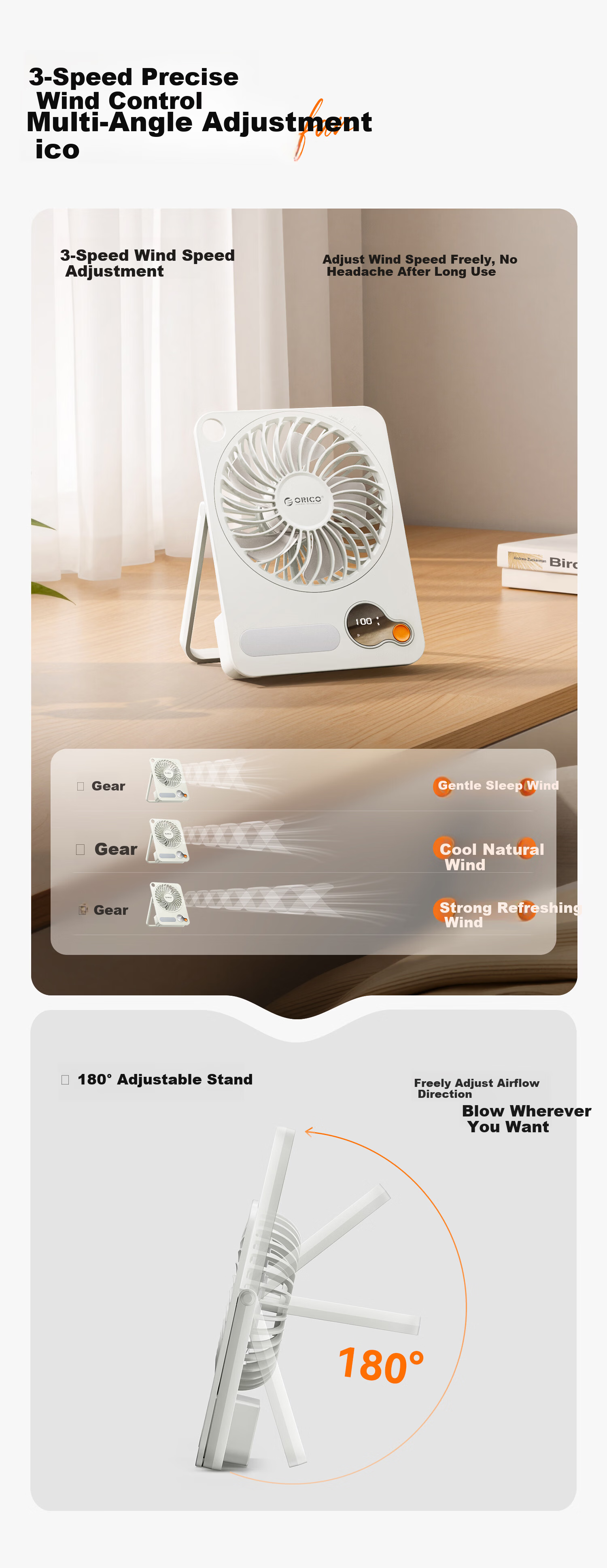 ORICO Desktop USB Rechargeable Quiet Portable Long Battery Life Wall-Mounted Mini Fan with Night Light for Office Student Dormitory Home Bedroom Outdoor Small Fan dFAN2 8