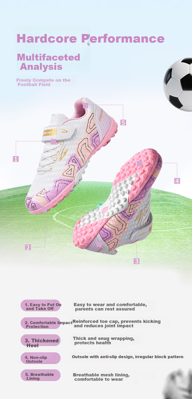 DEERWAY TF Studded Kids Soccer Shoes Boys Girls 6-12 Years Breathable Cushioning Training Match Shoes White Pink Size 30 6