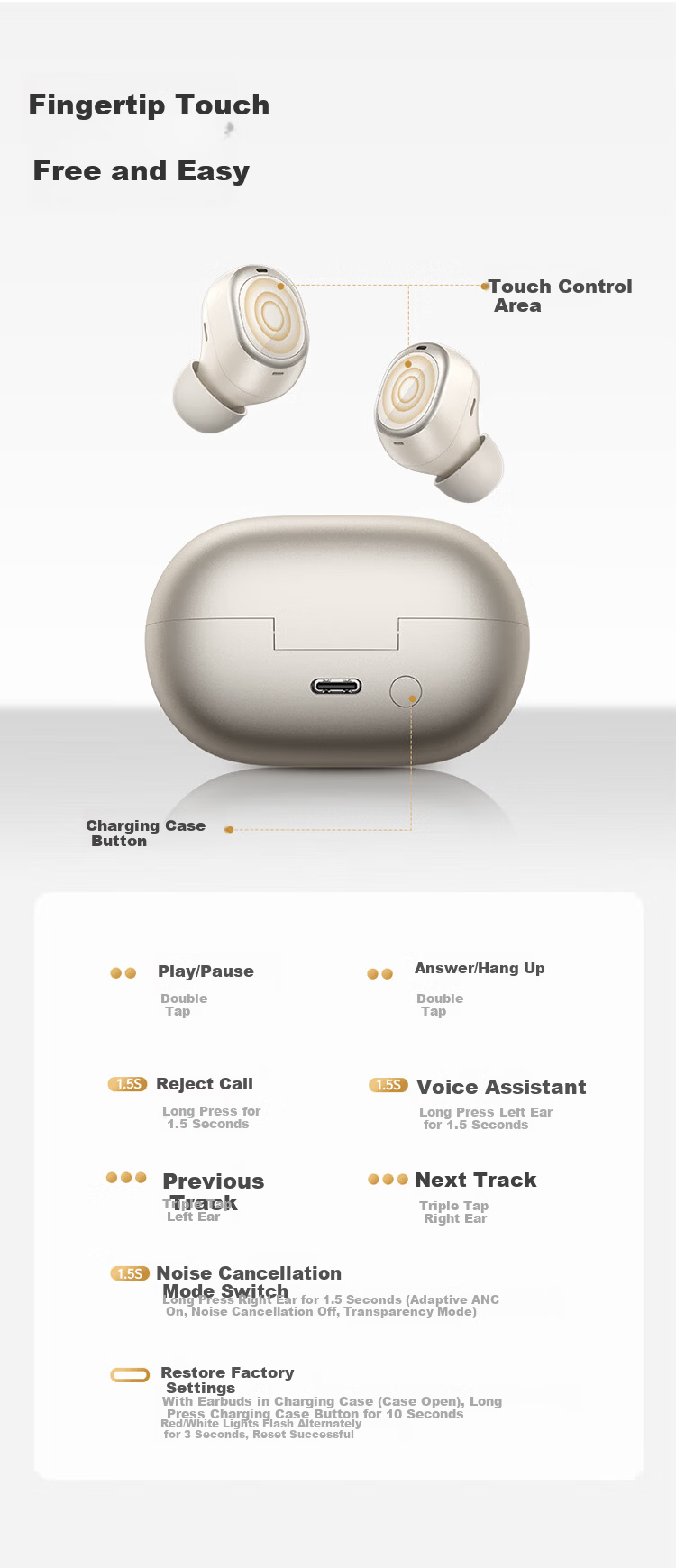 QCY [Major New Product] A30 Wireless Bluetooth Bean-Shaped In-Ear Active Noise Cancelling -60dB Sports Earphones with Adaptive Wind Noise Reduction, Call Noise Cancellation, Long Battery Life, Desert Gold 15
