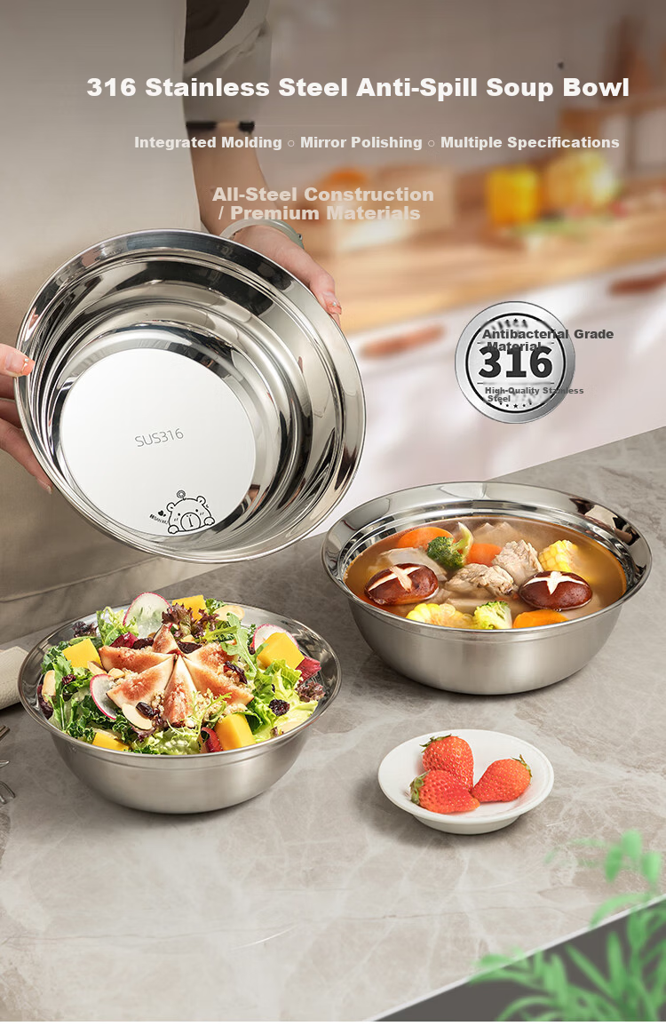 Banwu Life 316 Stainless Steel Food Grade Soup Bowl 20cm Large Steaming Bowl Household Rice Bowl Salad Bowl Noodle Bowl 1