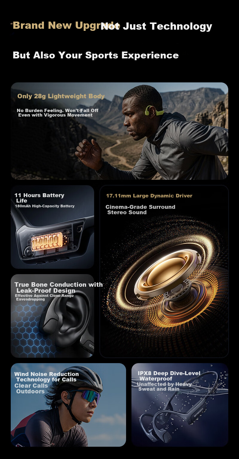 Skyworth G8 Bone Conduction Bluetooth Earphones Wireless Professional Sports Running Outdoor Open-Ear Swimming Compatible with Apple Huawei Xiaomi Waterproof Sweatproof 32GB Memory Starry Black 8