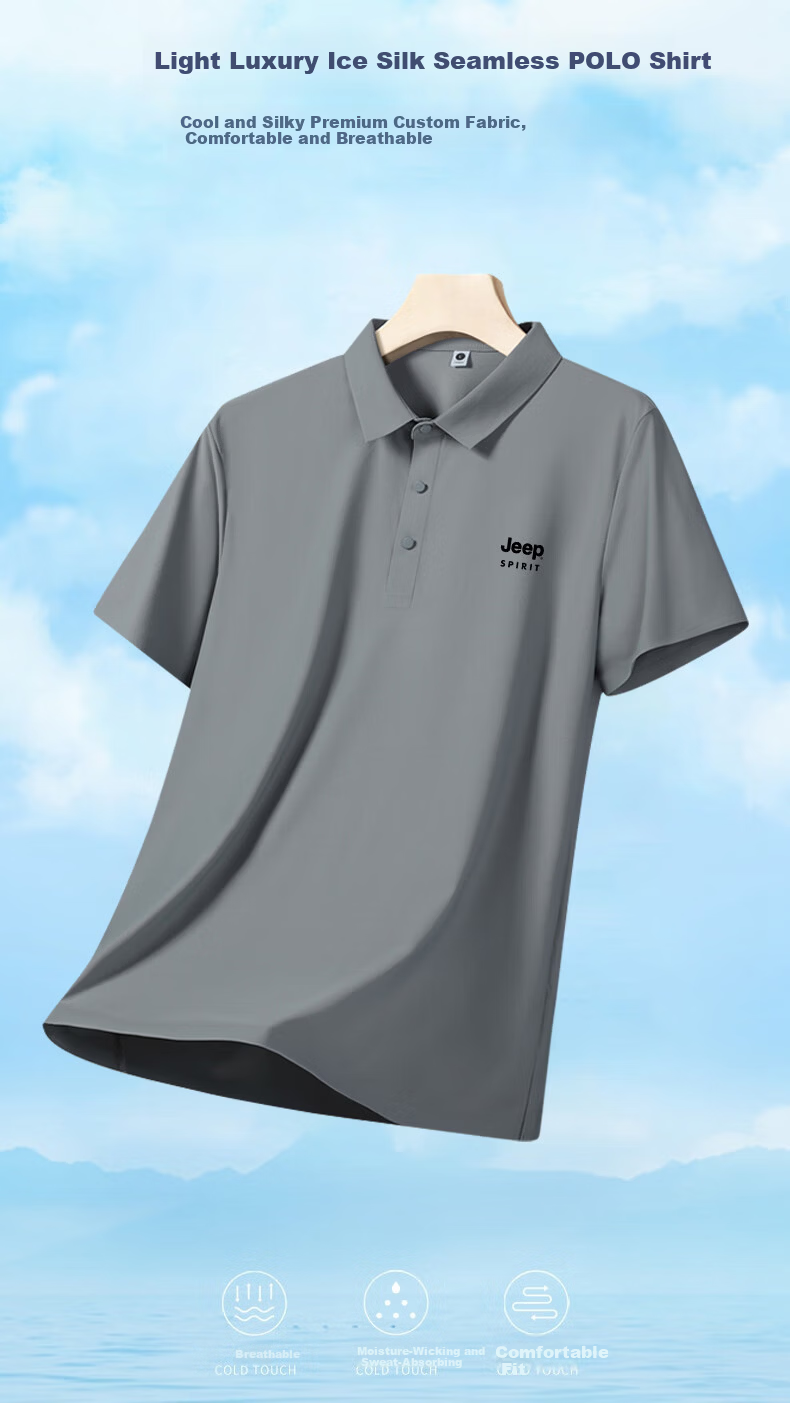 JEEP SPIRIT Men's Short Sleeve T-Shirt Summer Ice Silk Quick-Dry Polo Shirt Lightweight Breathable Casual T-Shirt Medium Gray 4XL 1