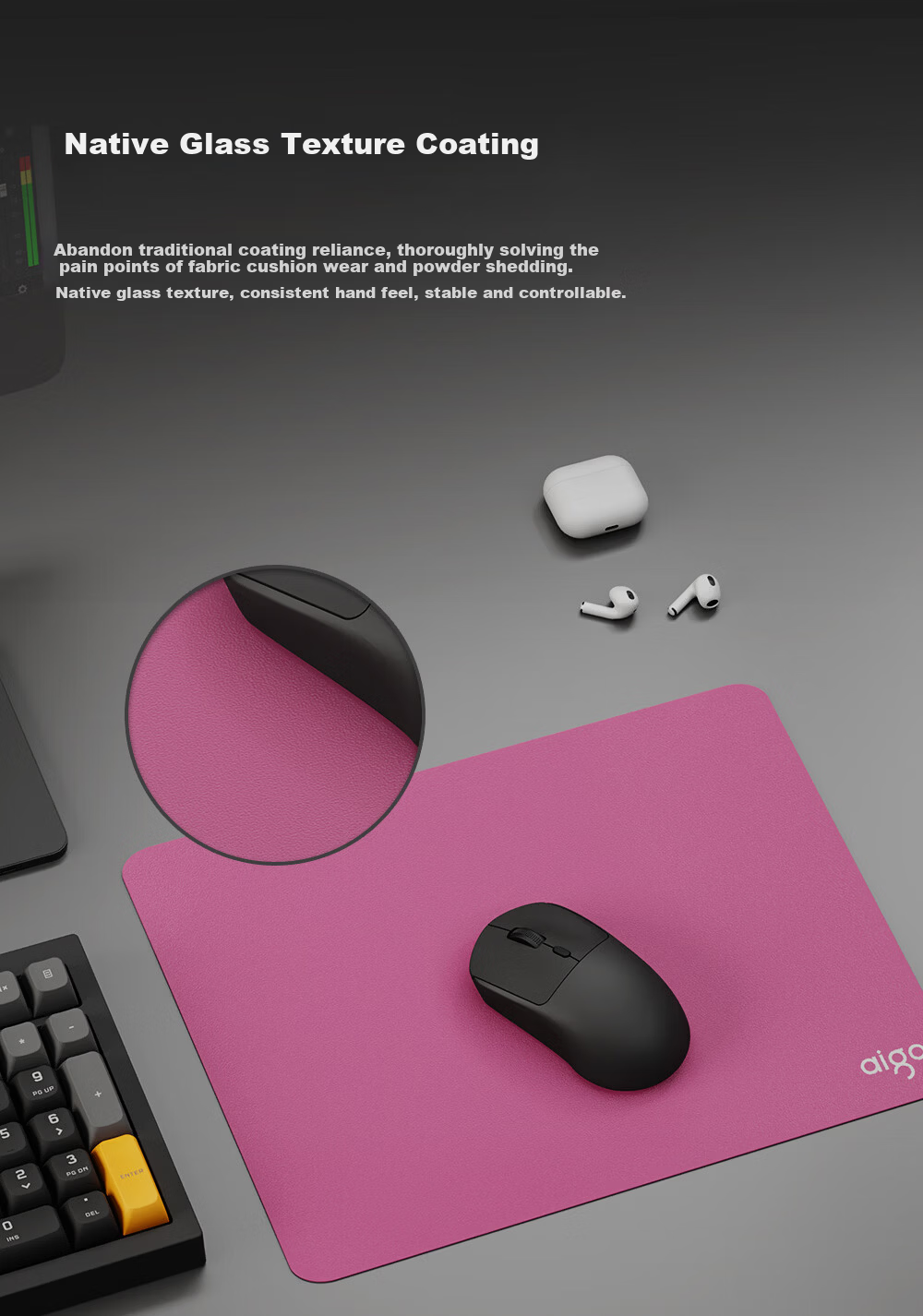 Aigo Glass Mouse Pad DMP300 Micro-Etched Tempered Glass Mat Non-Slip Office Computer Desk Mat Gaming FPS Smooth Mouse Pad Rose Red 8