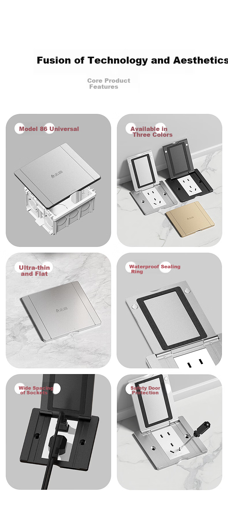 CHIGO Model 86 Concealed Embedded Ultra-thin Flush Waterproof Floor Socket Cover Multifunctional Stainless Steel 5-Hole Floor Socket Silver 3