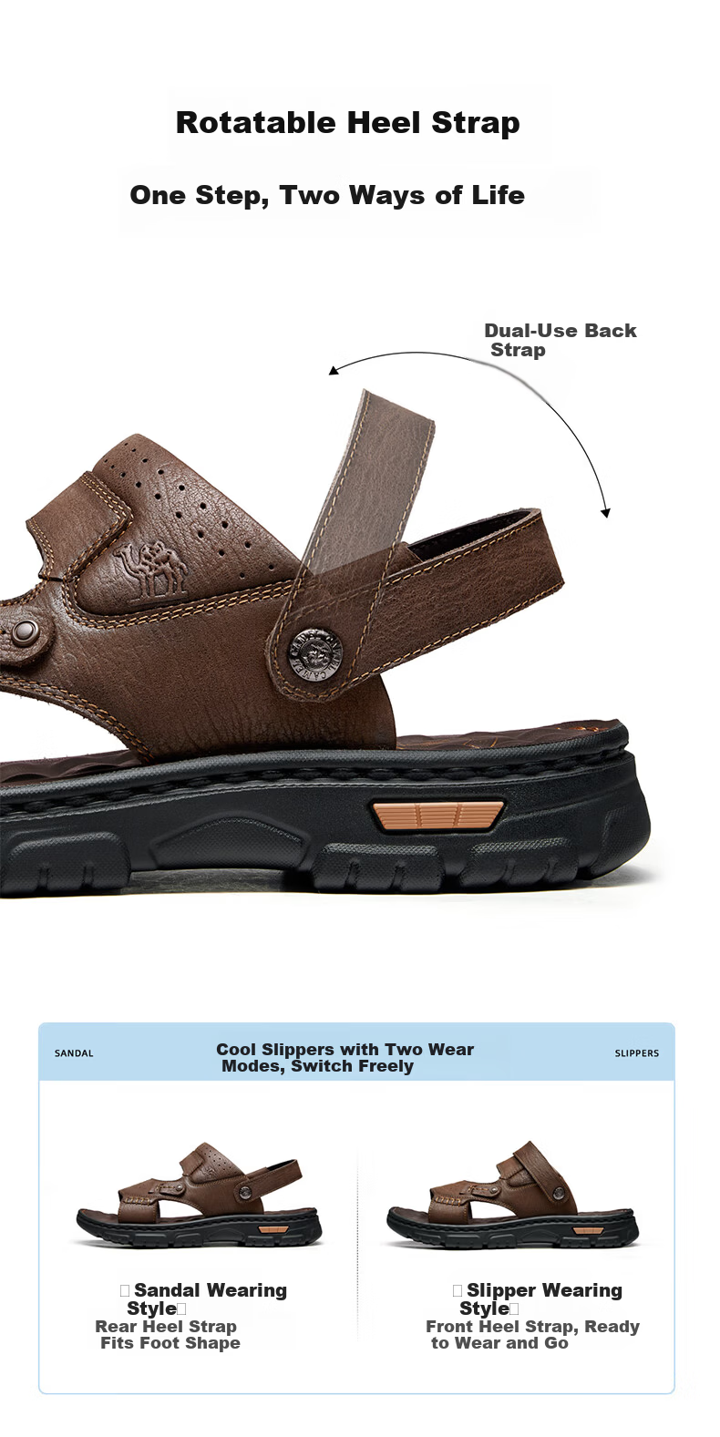 CAMEL Two-Way Breathable Cowhide Leather Dad Casual Business Sandals for Men, Outdoor Wear, G16M211022, Black, Size 39 4