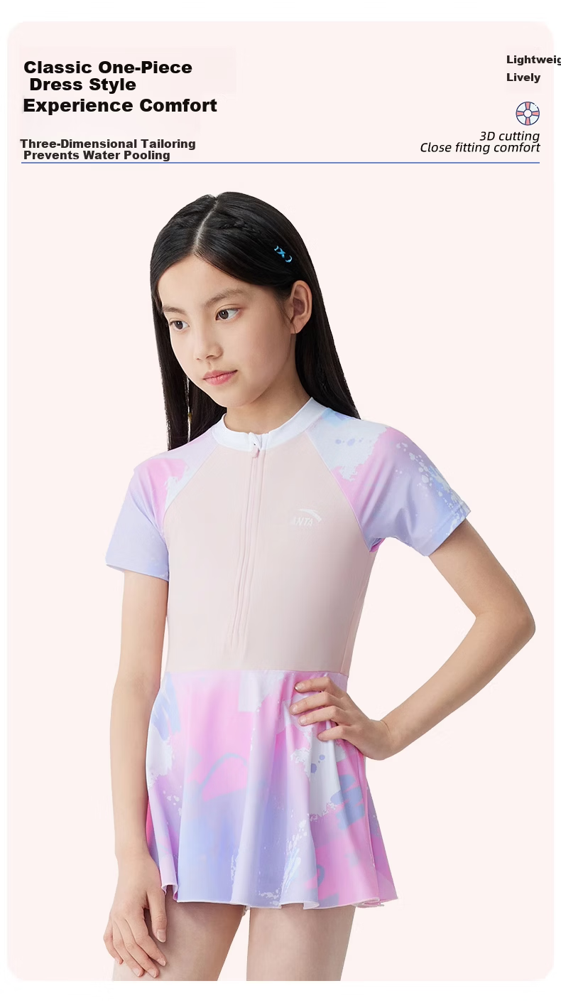 ANTA Kids Girls One-Piece Skirted Sunscreen Swimwear Youth Student Large Child Hot Spring Swimsuit Pink 170 3