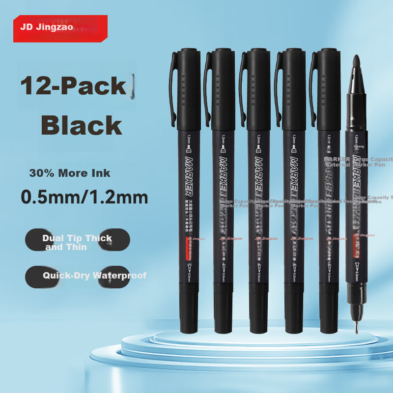 JD Jingzao Large Capacity Small Double-Ended Marker Pen Black 12-Pack Fast-Drying Waterproof Oil-Based Signature Pen for Logistics, Meetings, Children, and Students