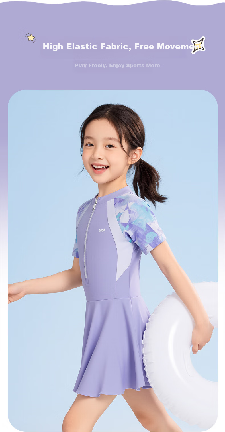 ANTA Kids Girls 2026 New One-Piece Skirted Swimsuit UV Protection Chlorine Resistant Quick-Dry Children's Swimwear 4