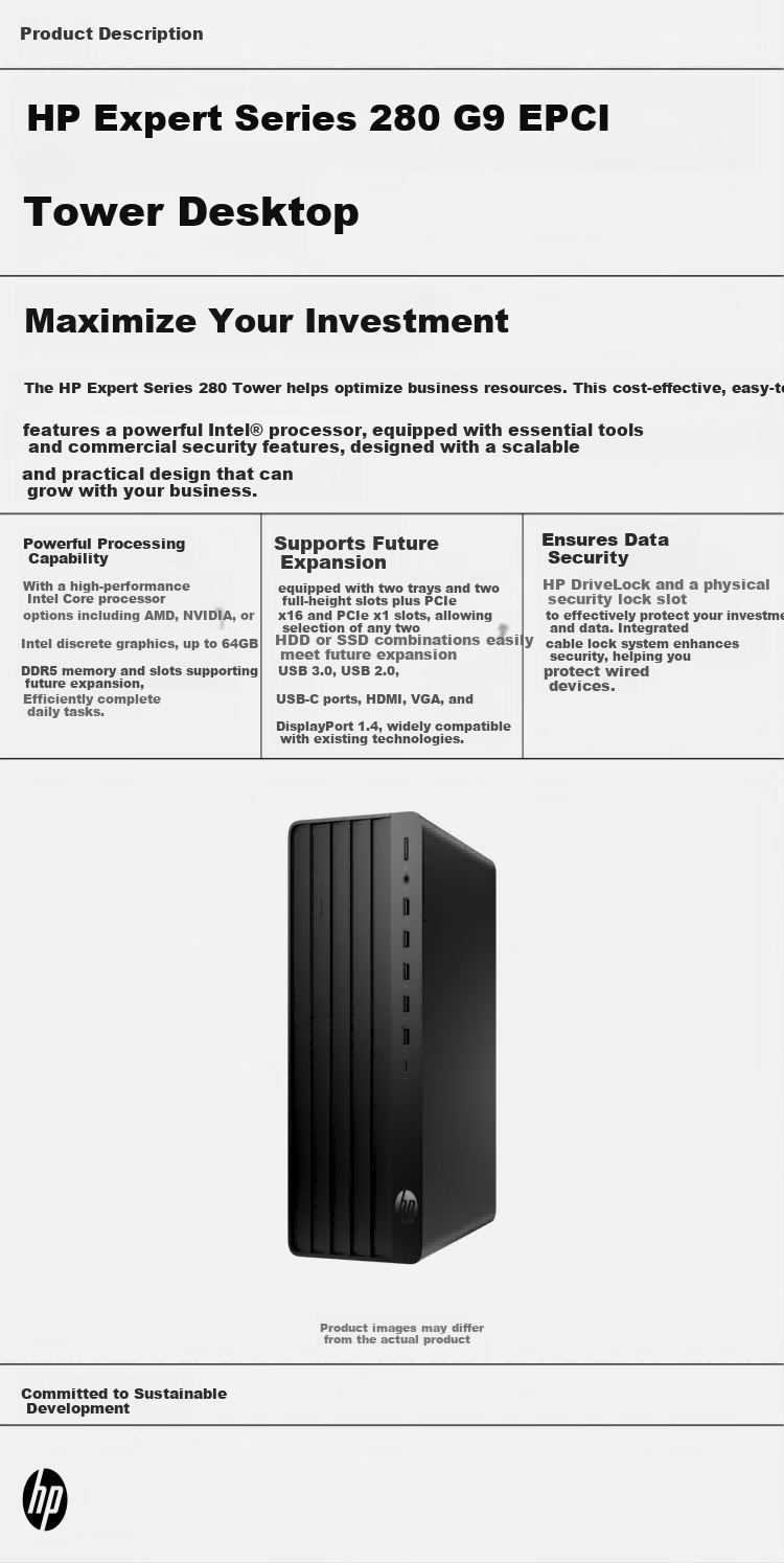 HP Pro Tower 280G9E Desktop PCI i5-12500 16GB DDR4 1TB SSD Integrated Graphics USB Keyboard and Mouse Windows 11 Home 180W 3-Year Warranty 1