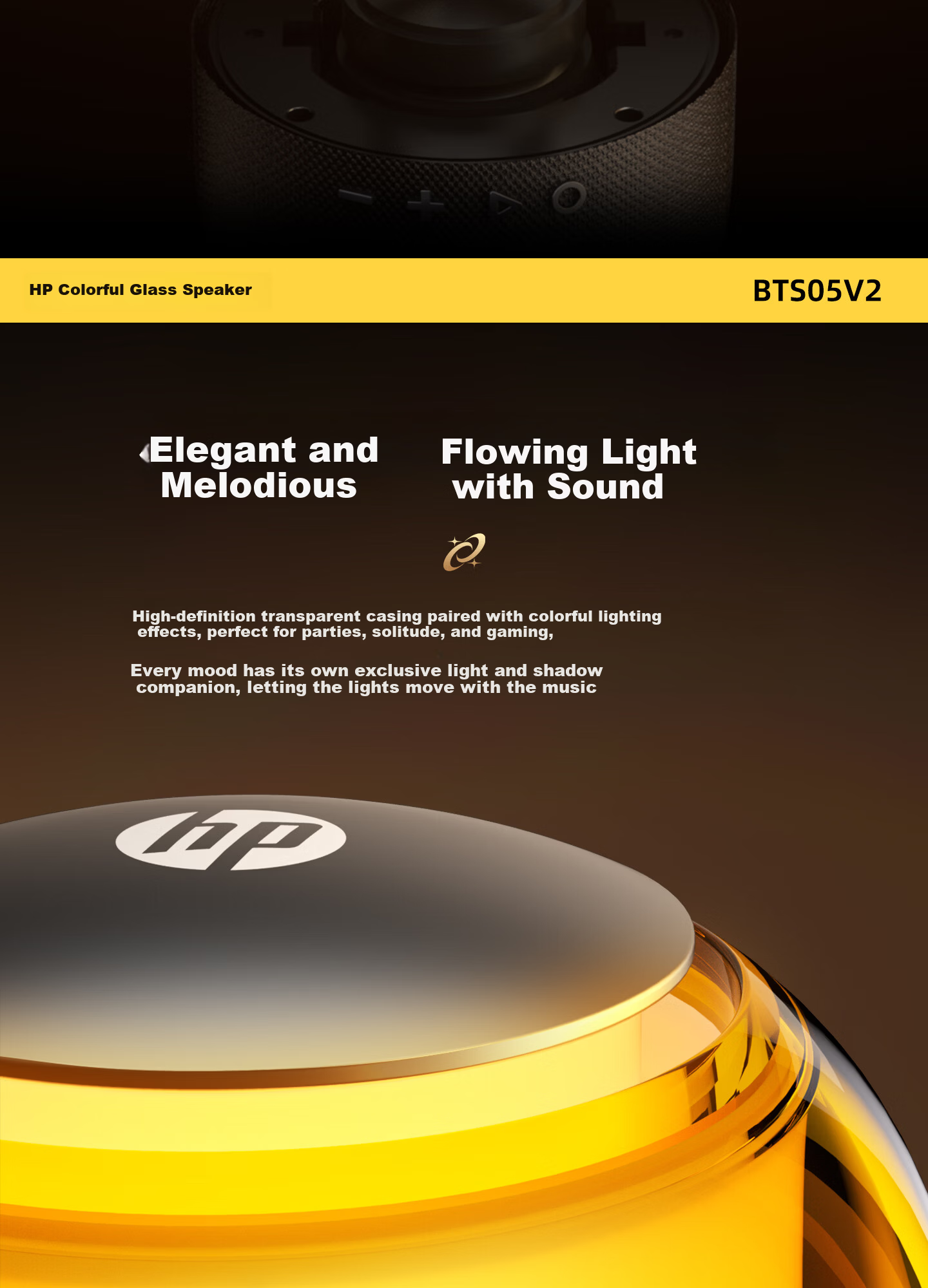 HP Bluetooth Speaker Glass Colorful Rhythm Mini Bass Portable Small Speaker for Computer and Mobile Phone Gray 6